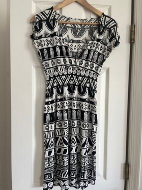 Vintage Zara Black & White Tribal-Print Midi Dress